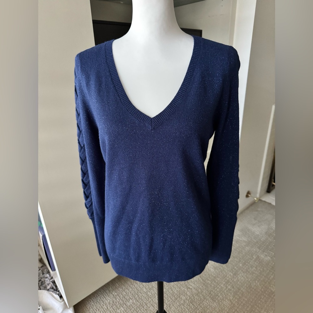 White House Black Market Navy V-Neck Sweater – Sparkle Knit with Braided Sleeves